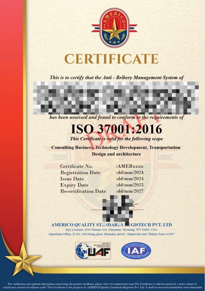 Contoh Sertifikat ISO 37001:2016 Anti Penyuapan