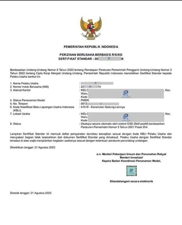 Contoh Sertifikat Standar Perizinan Berbasis Risiko